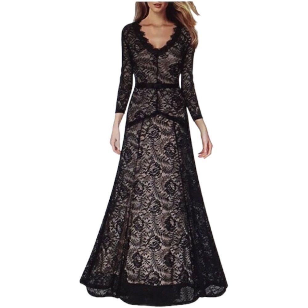 MIUSOL Black Tan V Neckline Lace Prom Maxi Dress